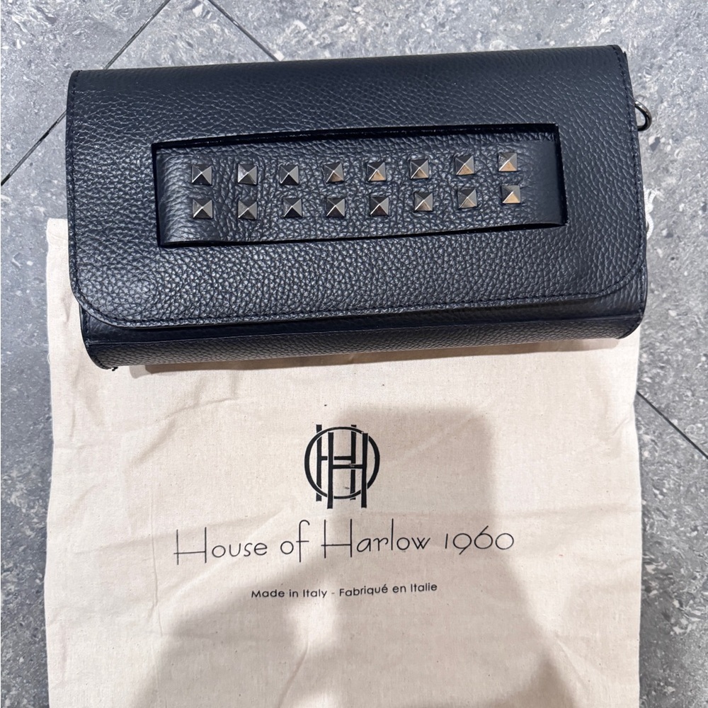 Original HOUSE OF HARLOW 1960 Handbag Clutch Flap Studded 100% Leather Black